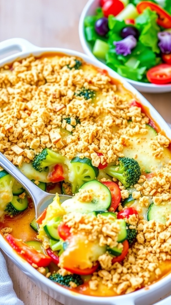 A gluten-free vegetable casserole with zucchini, bell peppers, broccoli, topped with cheese and breadcrumbs, served with a salad.